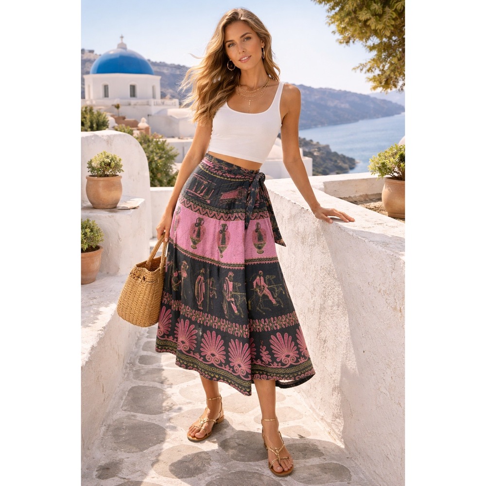 BETYK Vintage Greek Cotton Wrap Skirt Pink Grecian Mythology Midi Made in Greece